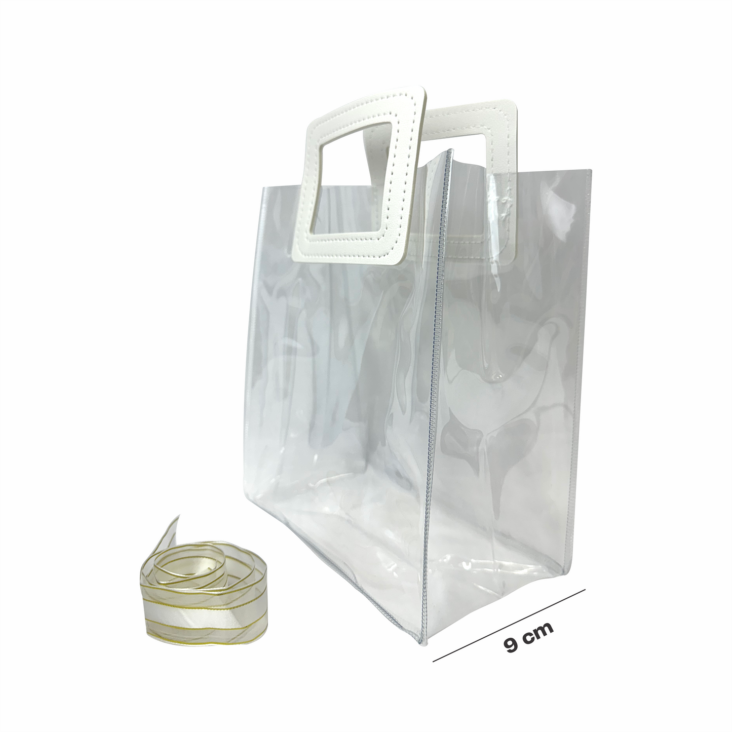 17x 19.5x9 Bolsa Transparente de PVC con agarradera y listón Blanca