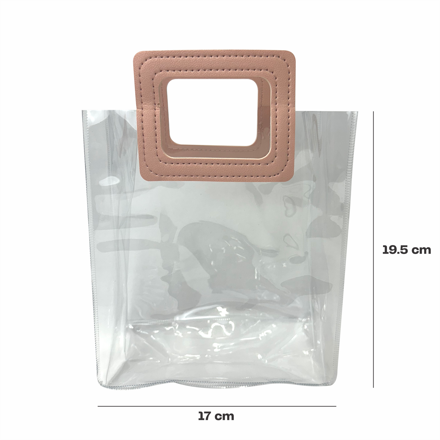 17x 19.5x9 Bolsa Transparente de PVC con agarradera y listón Rosa