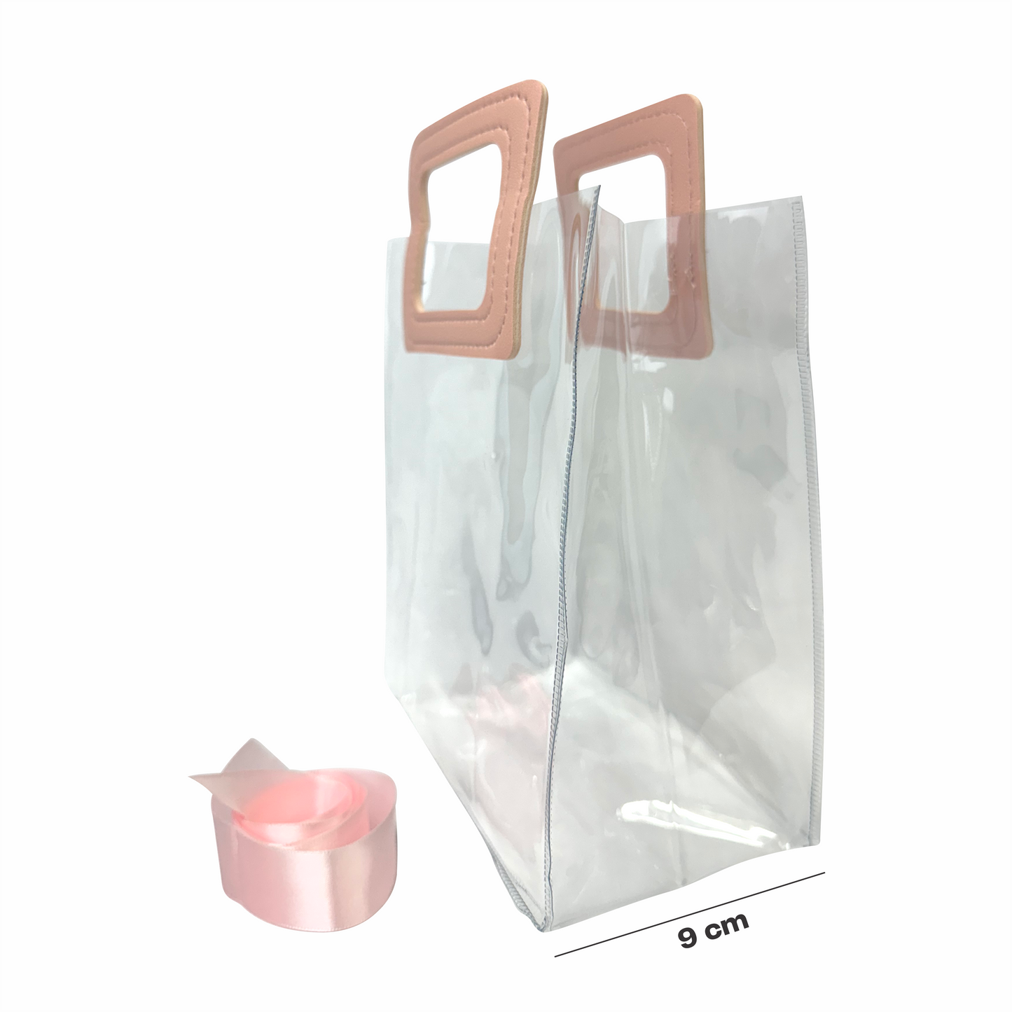 17x 19.5x9 Bolsa Transparente de PVC con agarradera y listón Rosa