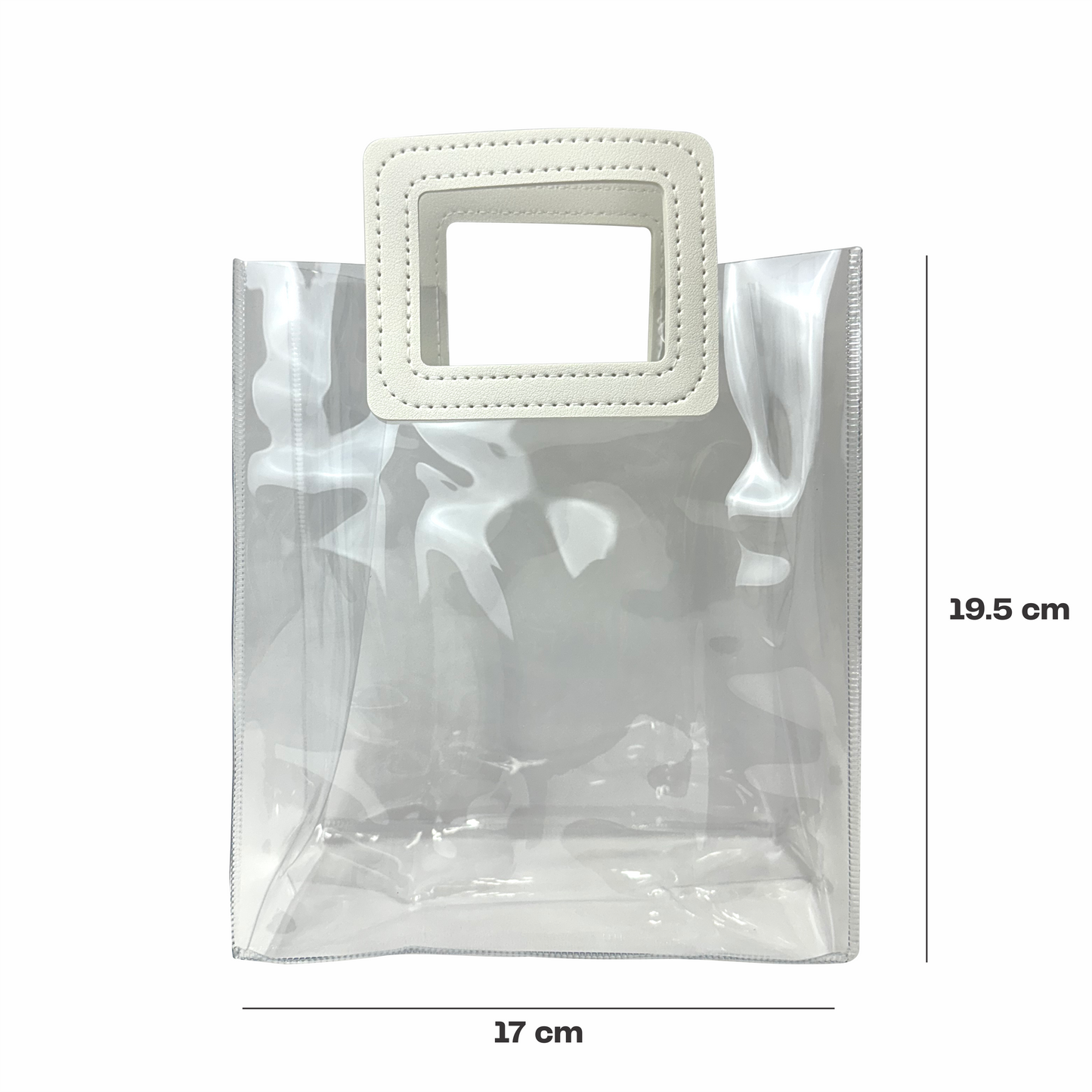 17x 19.5x9 Bolsa Transparente de PVC con agarradera y listón Blanca