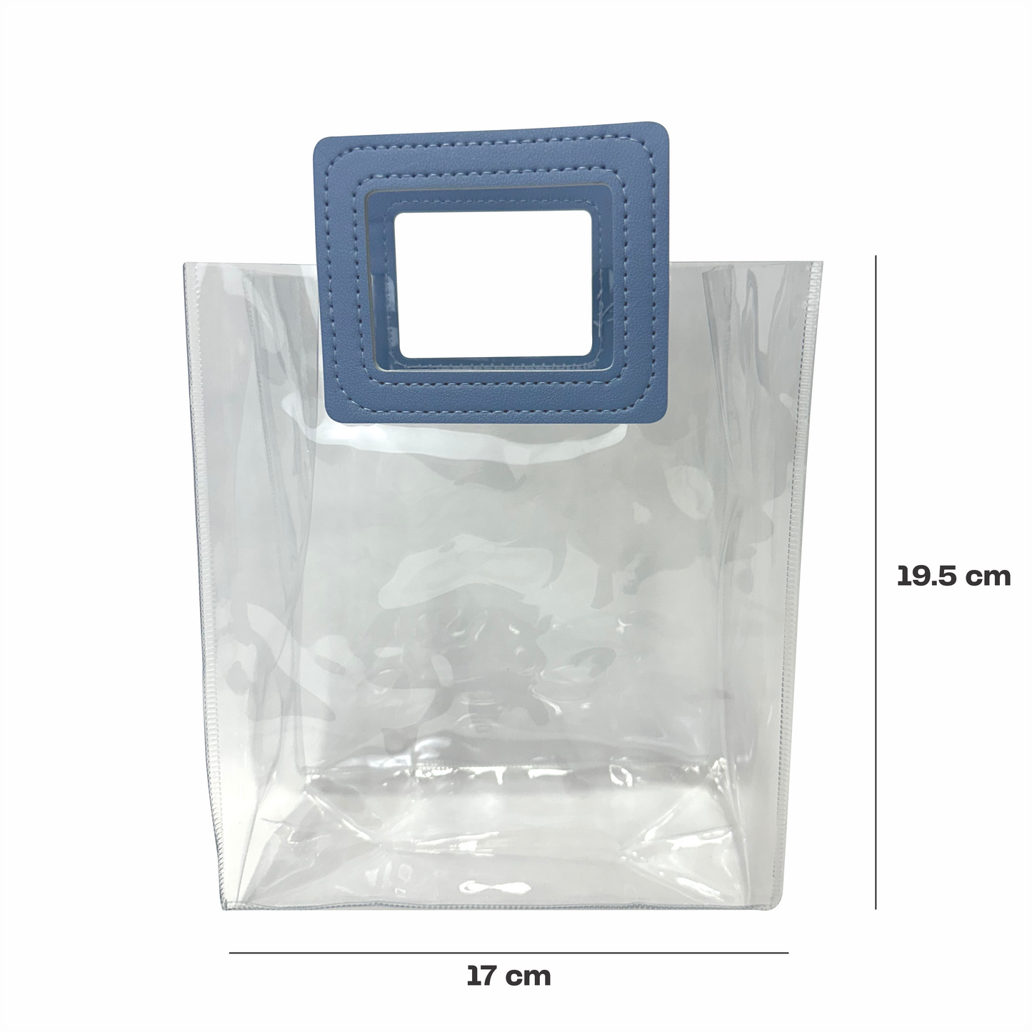 17x 19.5x9  Bolsa Transparente de PVC con agarradera y listón Azul
