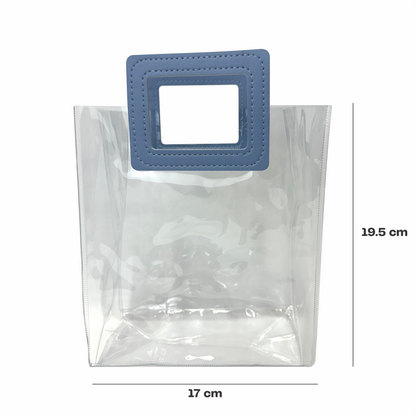 17x 19.5x9  Bolsa Transparente de PVC con agarradera y listón Azul