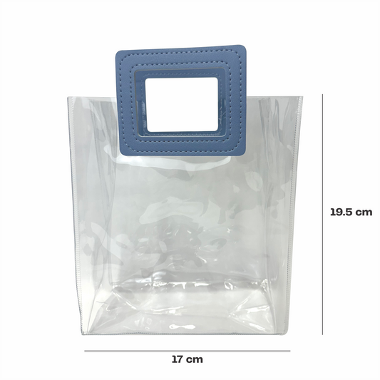 17x 19.5x9  Bolsa Transparente de PVC con agarradera y listón Azul