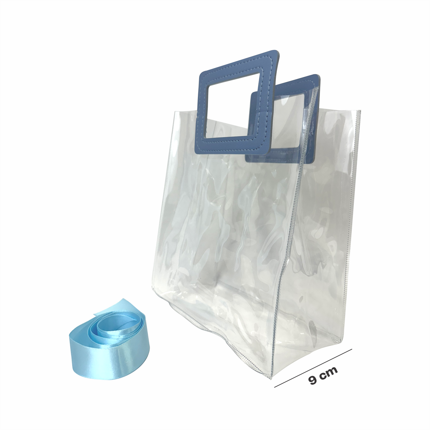17x 19.5x9  Bolsa Transparente de PVC con agarradera y listón Azul