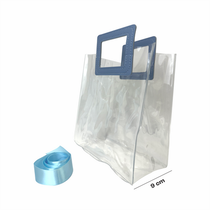 17x 19.5x9  Bolsa Transparente de PVC con agarradera y listón Azul