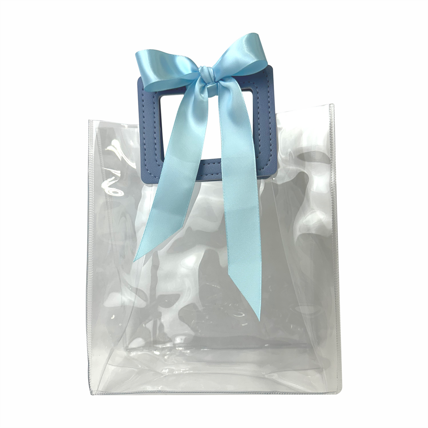 17x 19.5x9  Bolsa Transparente de PVC con agarradera y listón Azul