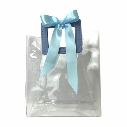17x 19.5x9  Bolsa Transparente de PVC con agarradera y listón Azul