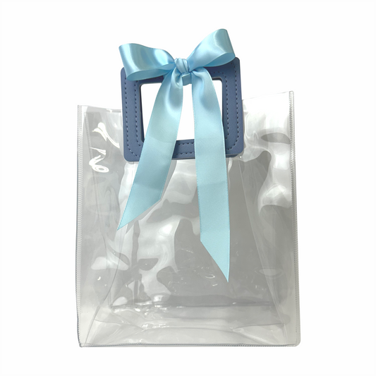 17x 19.5x9  Bolsa Transparente de PVC con agarradera y listón Azul