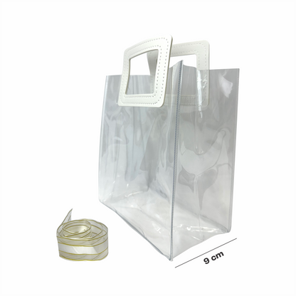 17x 19.5x9  Bolsa Transparente de PVC con agarradera y listón Blanca