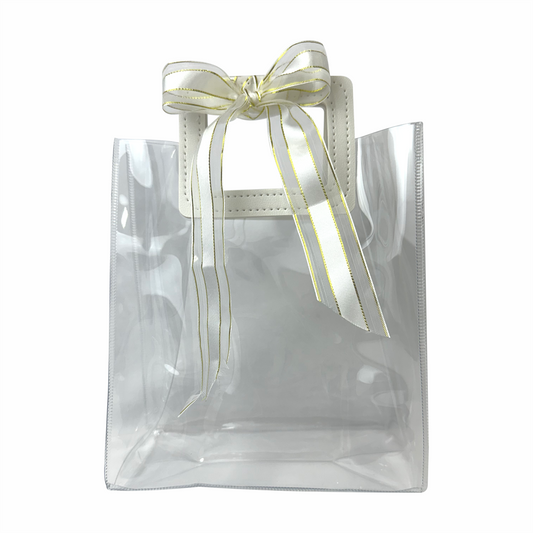 17x 19.5x9  Bolsa Transparente de PVC con agarradera y listón Blanca