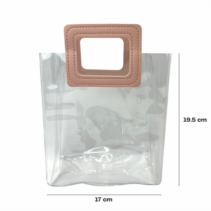 17x 19.5x9  Bolsa Transparente de PVC con agarradera y listón Rosa