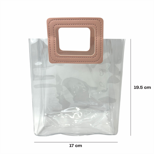 17x 19.5x9  Bolsa Transparente de PVC con agarradera y listón Rosa