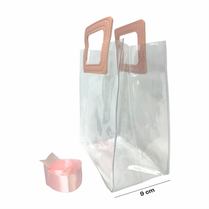 17x 19.5x9  Bolsa Transparente de PVC con agarradera y listón Rosa