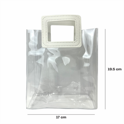 17x 19.5x9  Bolsa Transparente de PVC con agarradera y listón Blanca
