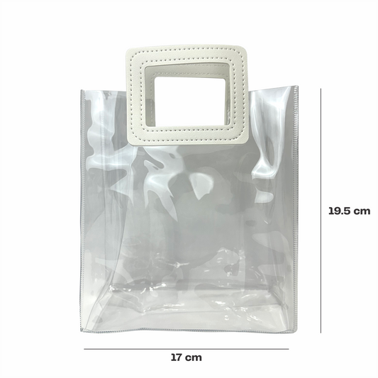 17x 19.5x9  Bolsa Transparente de PVC con agarradera y listón Blanca