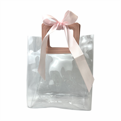 17x 19.5x9  Bolsa Transparente de PVC con agarradera y listón Rosa