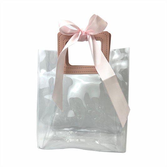 17x 19.5x9  Bolsa Transparente de PVC con agarradera y listón Rosa